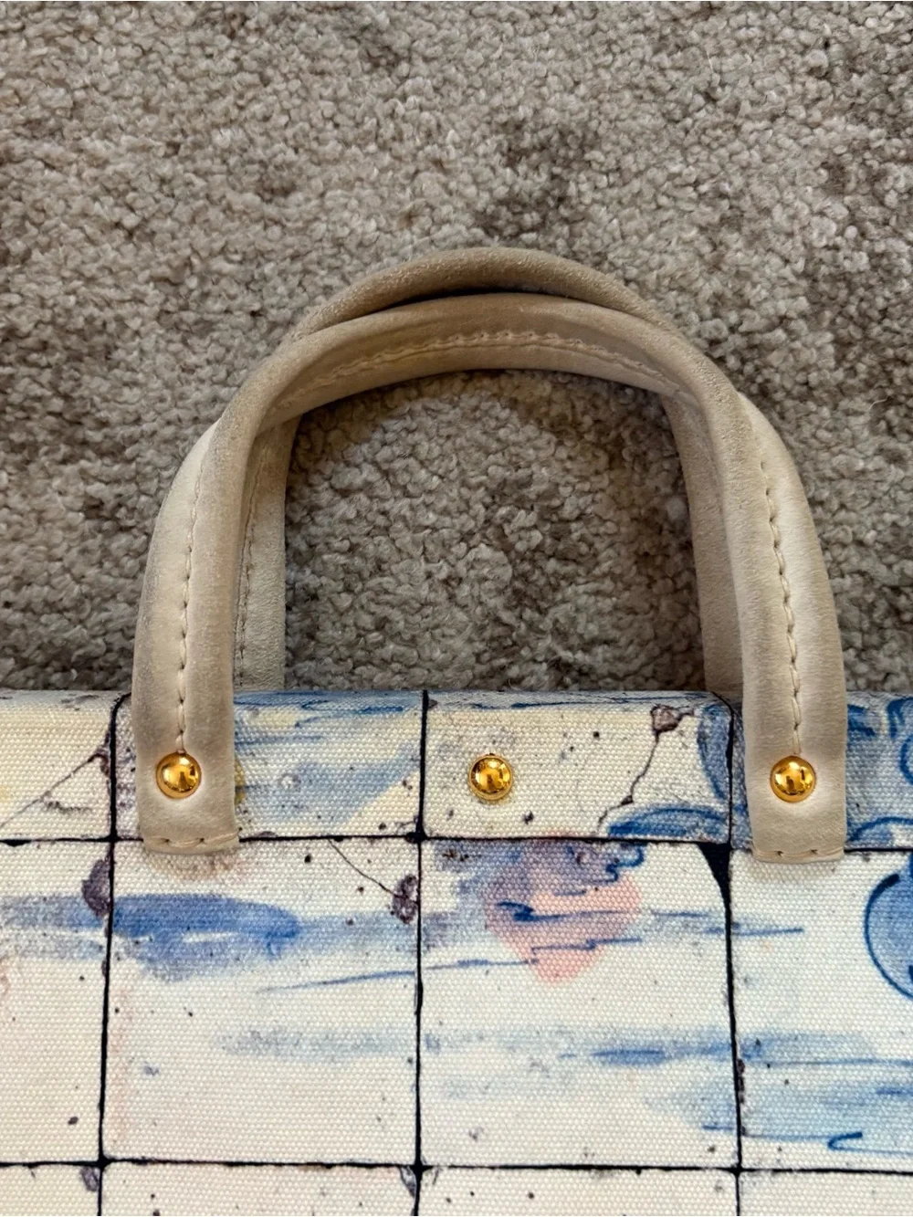 Prada Blue and White Scenic Satchel with Cream Handles